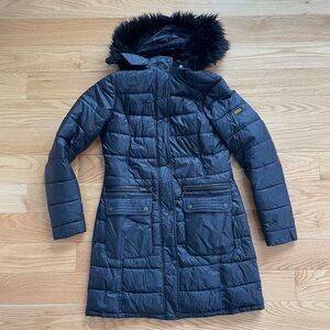 Barbour Navy Quilted Puffer Coat with Removable faux Fur Hood